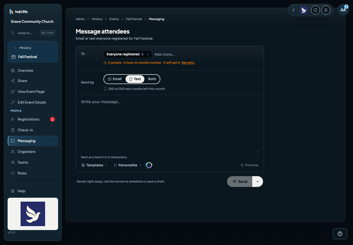 The composer set to Text, warning that six people have no mobile number and none will get it, with a See who link and a greyed-out Send button
