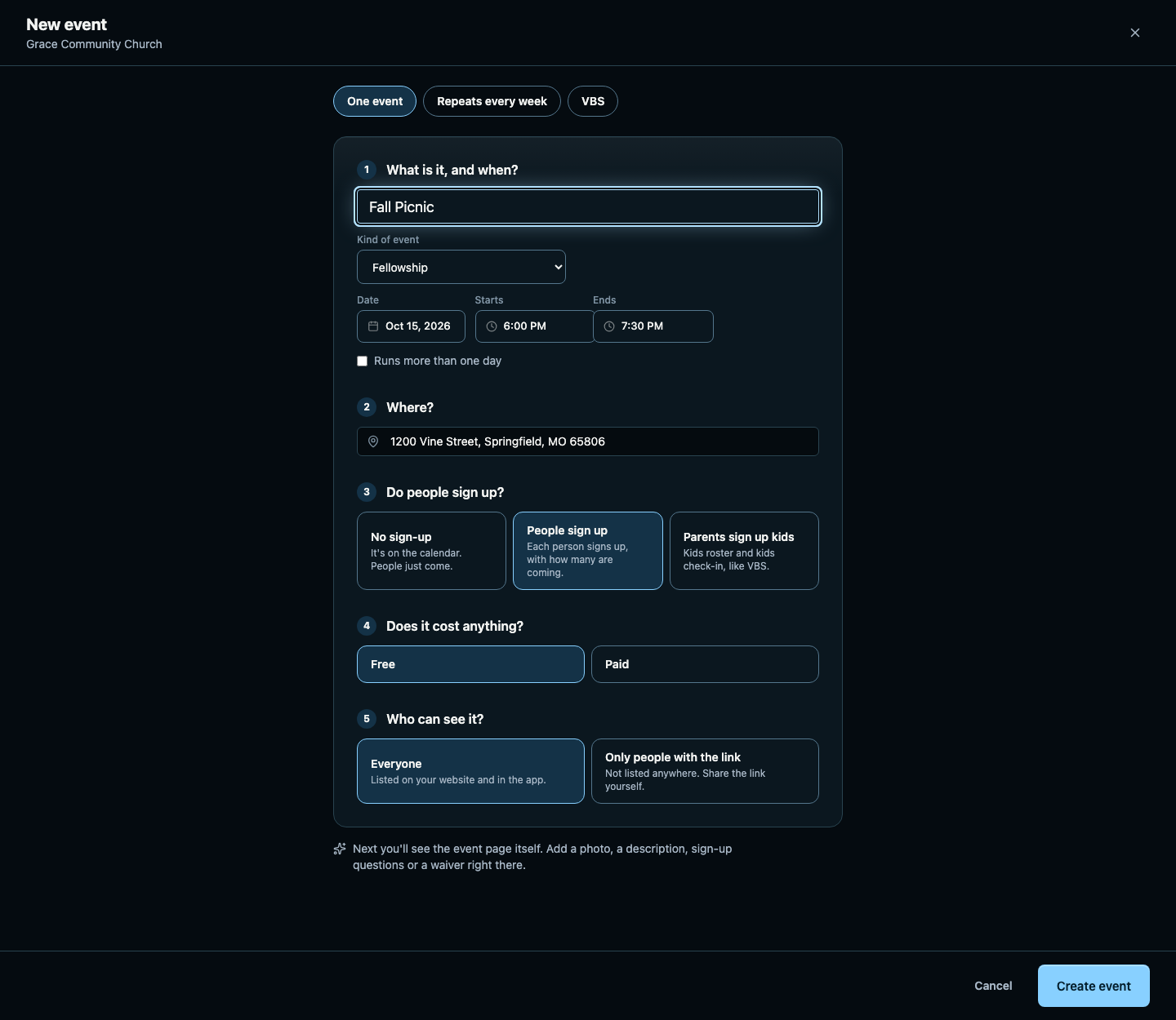 The New event screen with questions for the name, date, place, sign-ups, price and who can see it