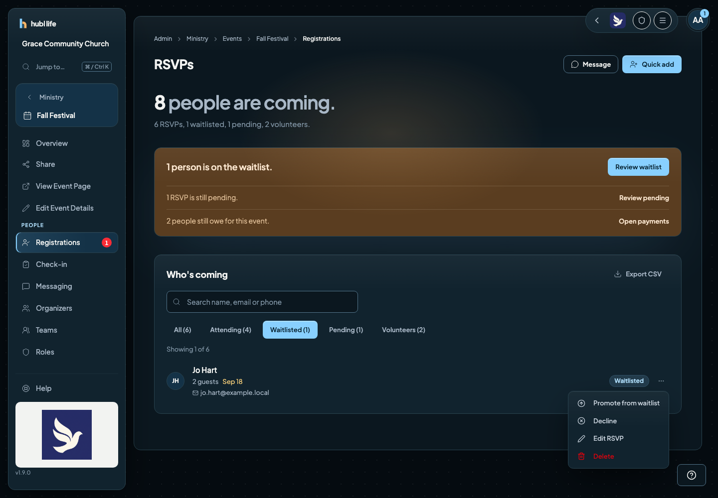 A waitlisted row's actions menu open, showing Promote from waitlist, Decline, Edit RSVP, and Delete