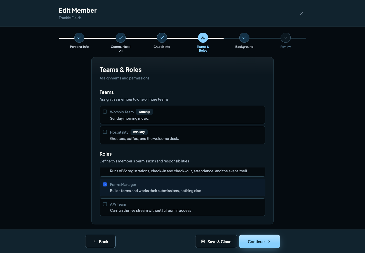 The Teams and Roles step in Edit Member with the Forms Manager role selected