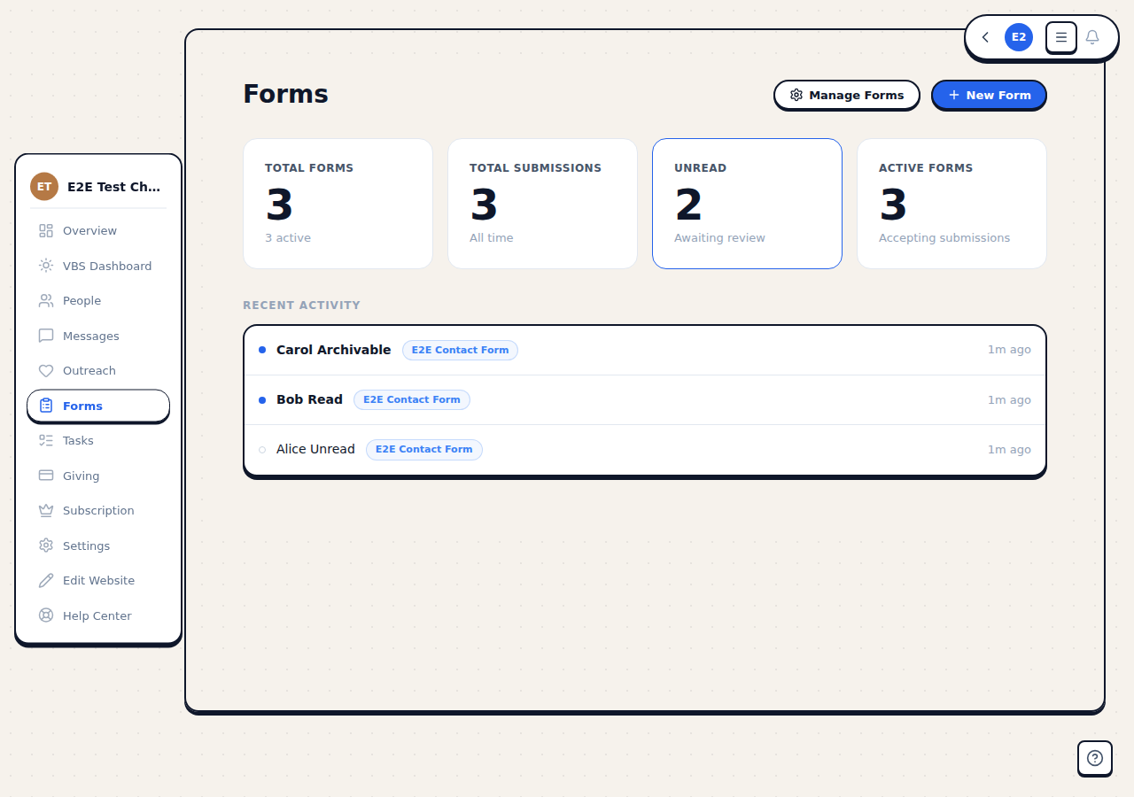The Forms Dashboard showing four stat cards and a recent activity feed