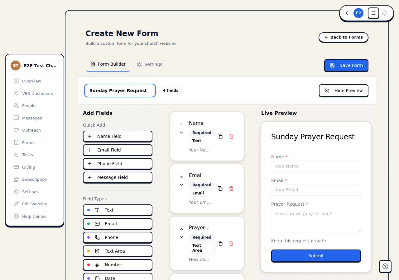 The field properties panel showing label, placeholder, and required toggle for a selected field