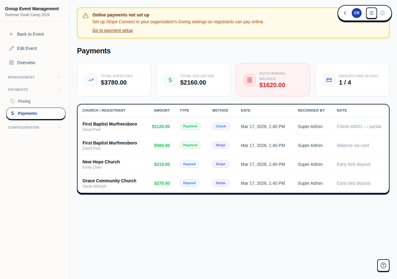 Payment ledger showing all recorded payments