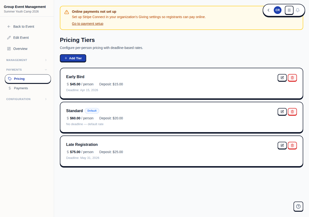 Pricing tiers with early bird and standard rates