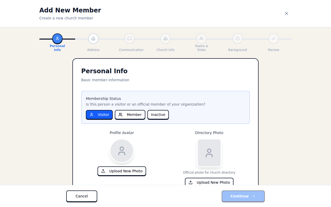 Add Member form showing Profile Avatar and Directory Photo fields