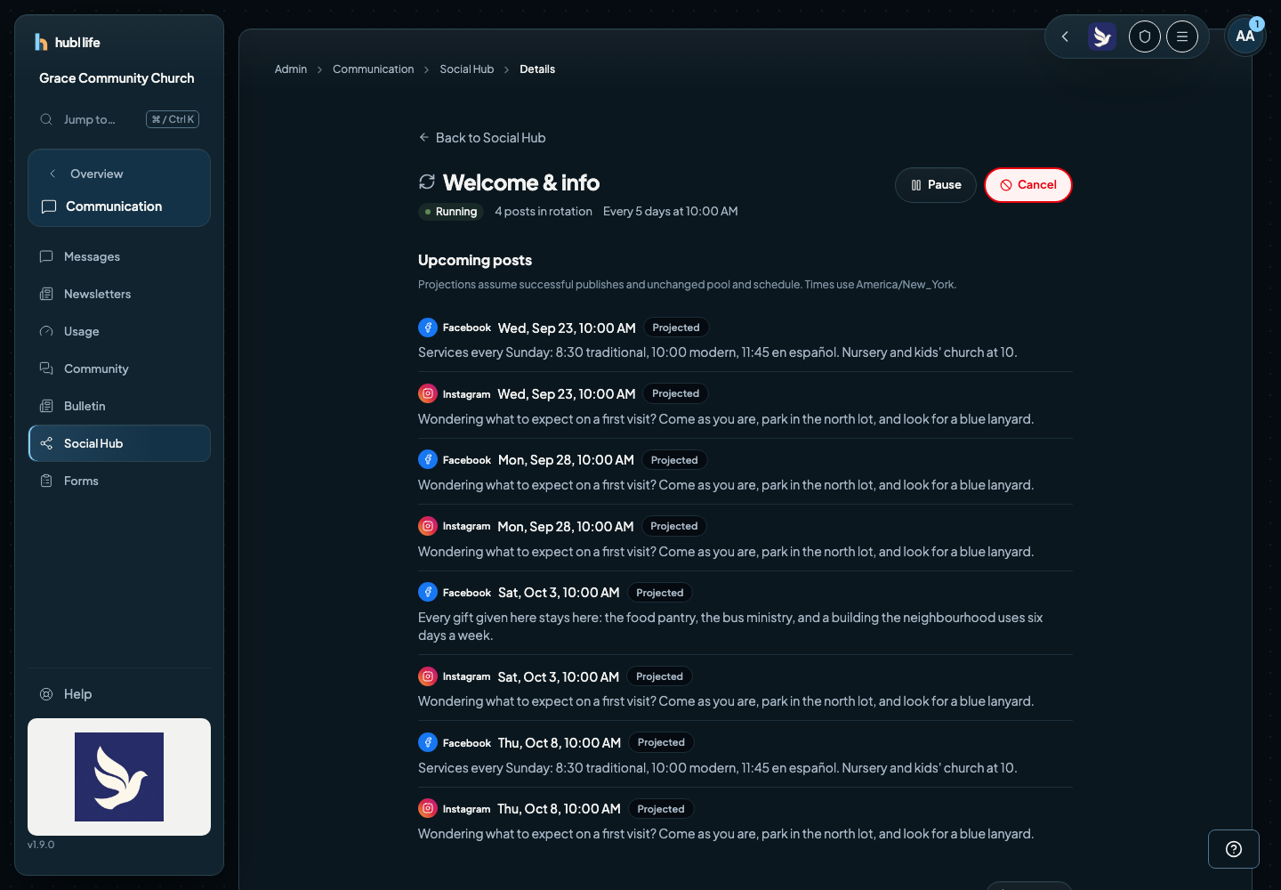 The posts in rotation, each with its photo, the networks it goes to, its tags, and a Next on Facebook marker