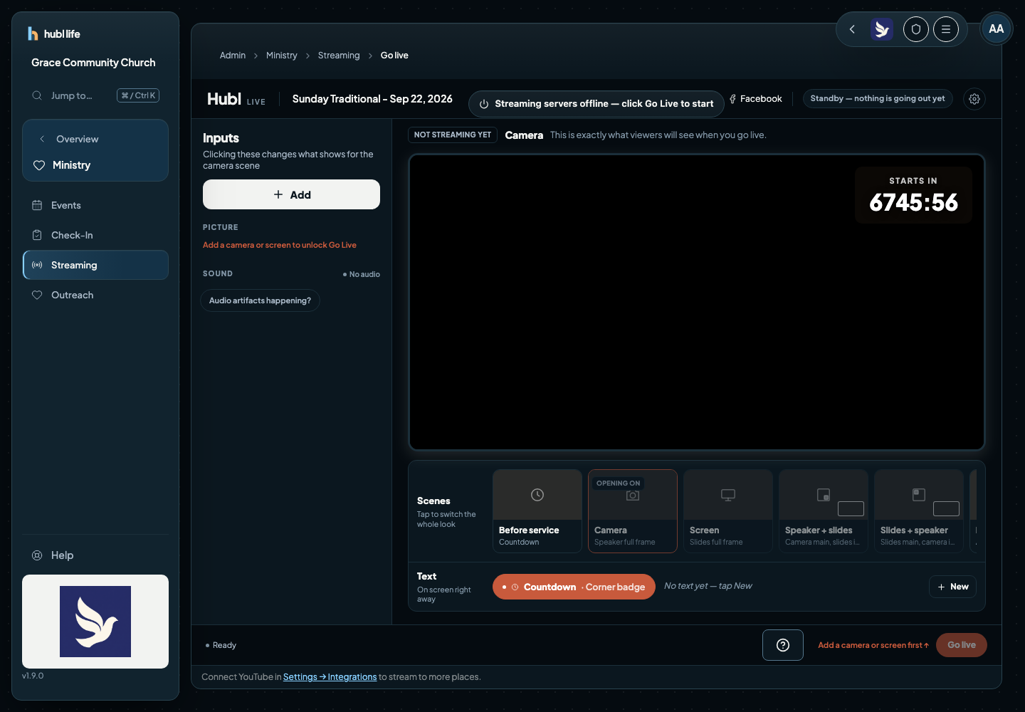 The Control Room before going live: Inputs on the left with an Add button, a black preview marked Not streaming yet, the Scenes strip and Text row below, and a disabled Go live button that says to add a camera or screen first