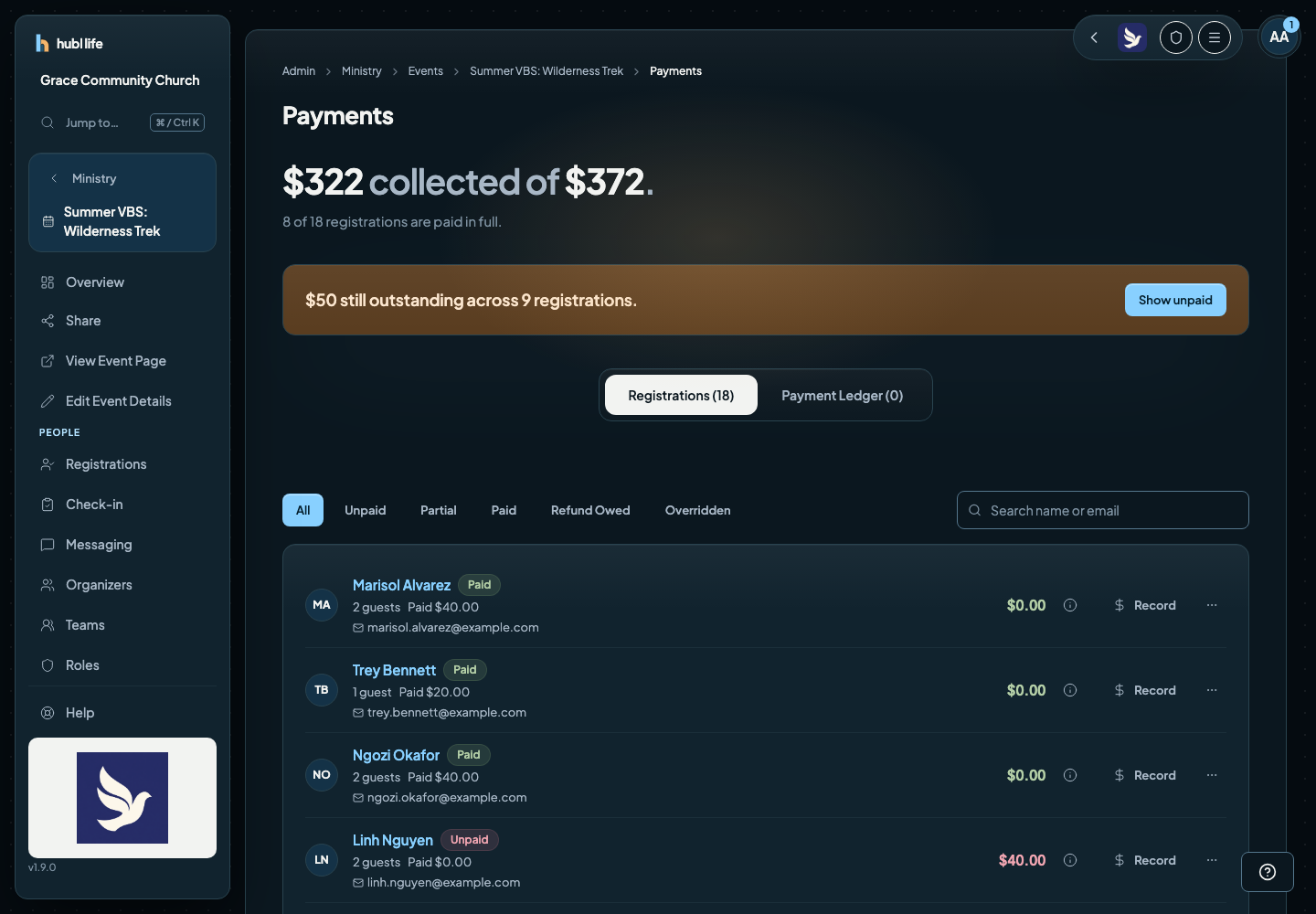 The Payments page showing total expected, collected and outstanding, with registrations filtered by payment state