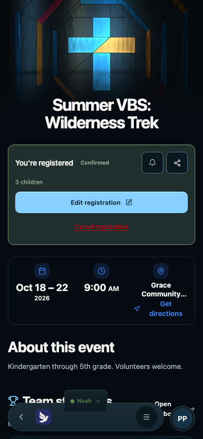 The VBS event page on a phone showing a You're registered panel with three children and buttons to edit or cancel