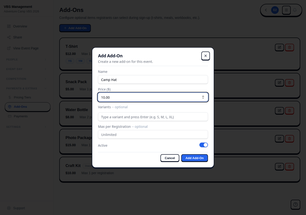 Add-on creation dialog with name, price, variant tags, and max per registration