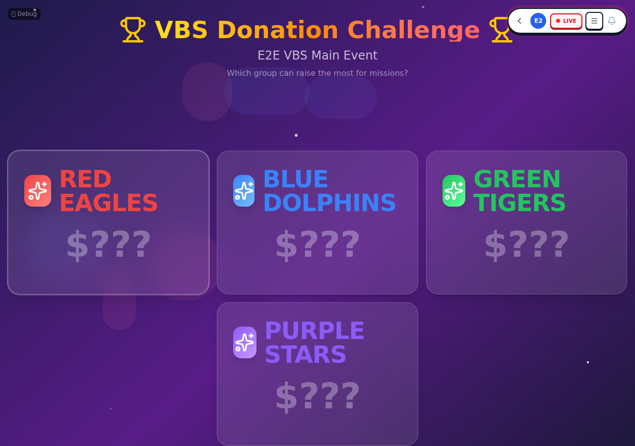 Public competition display showing group cards with amounts and VS badge