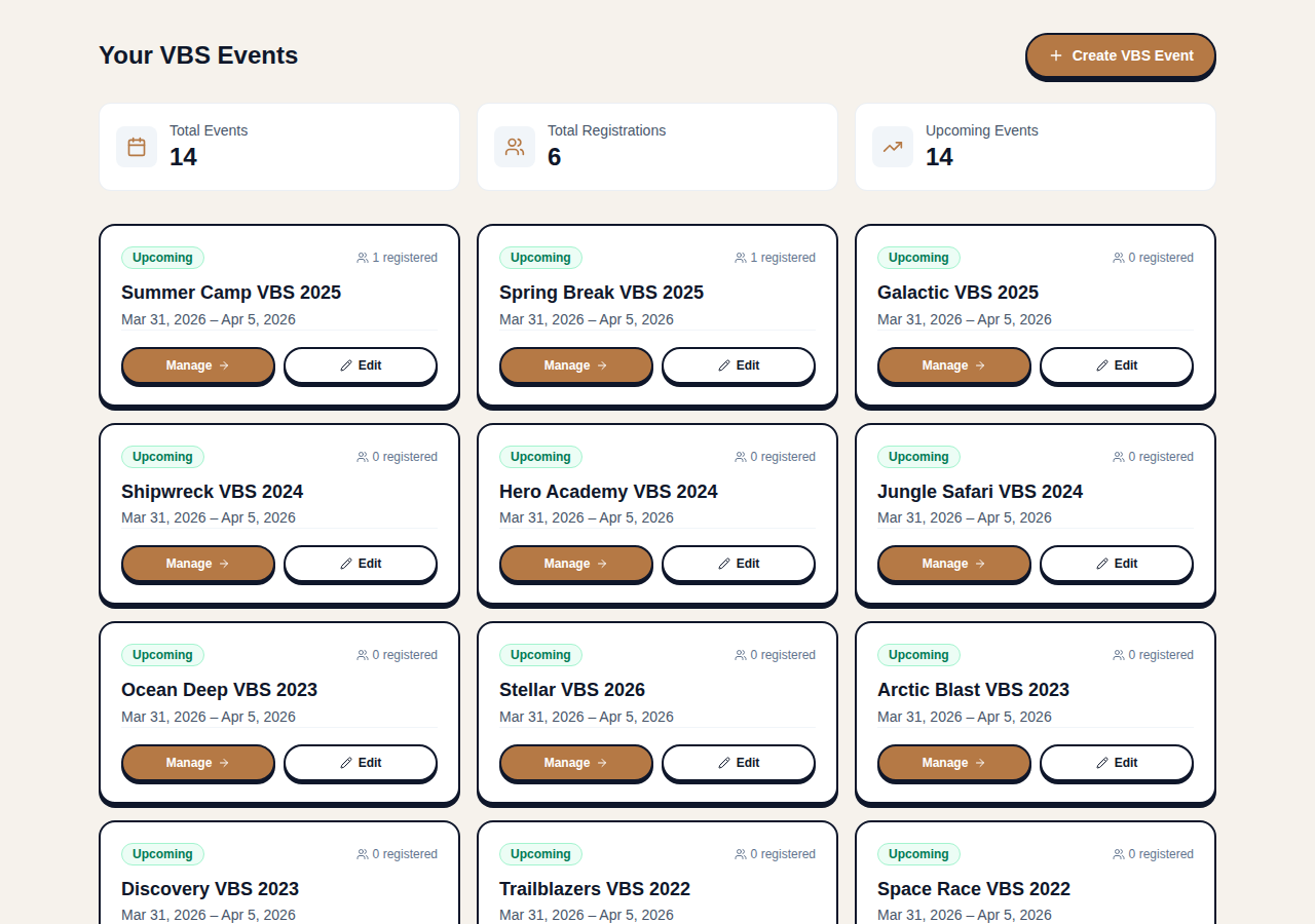 VBS Dashboard showing stat cards and event grid