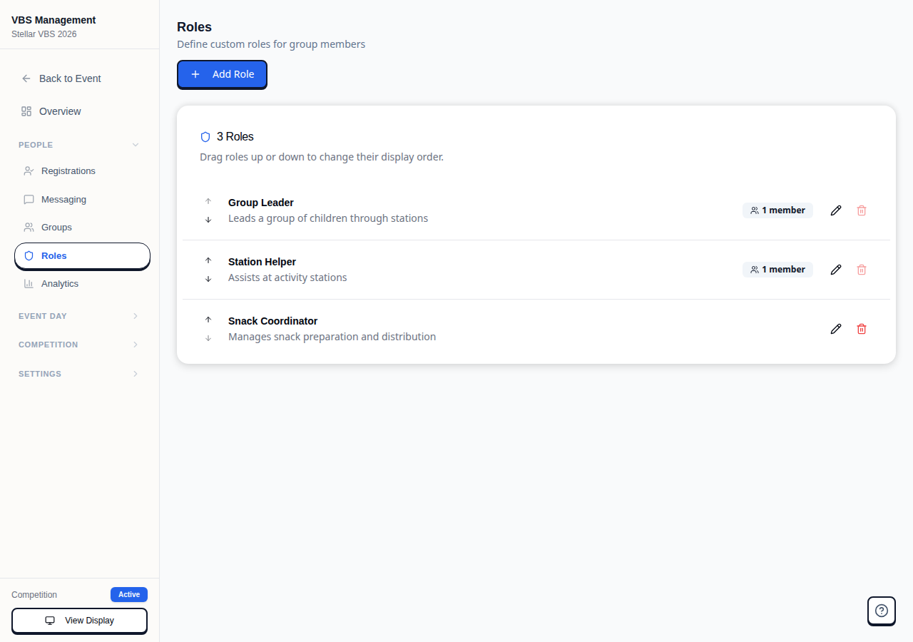 Roles page showing custom volunteer roles with descriptions and usage counts