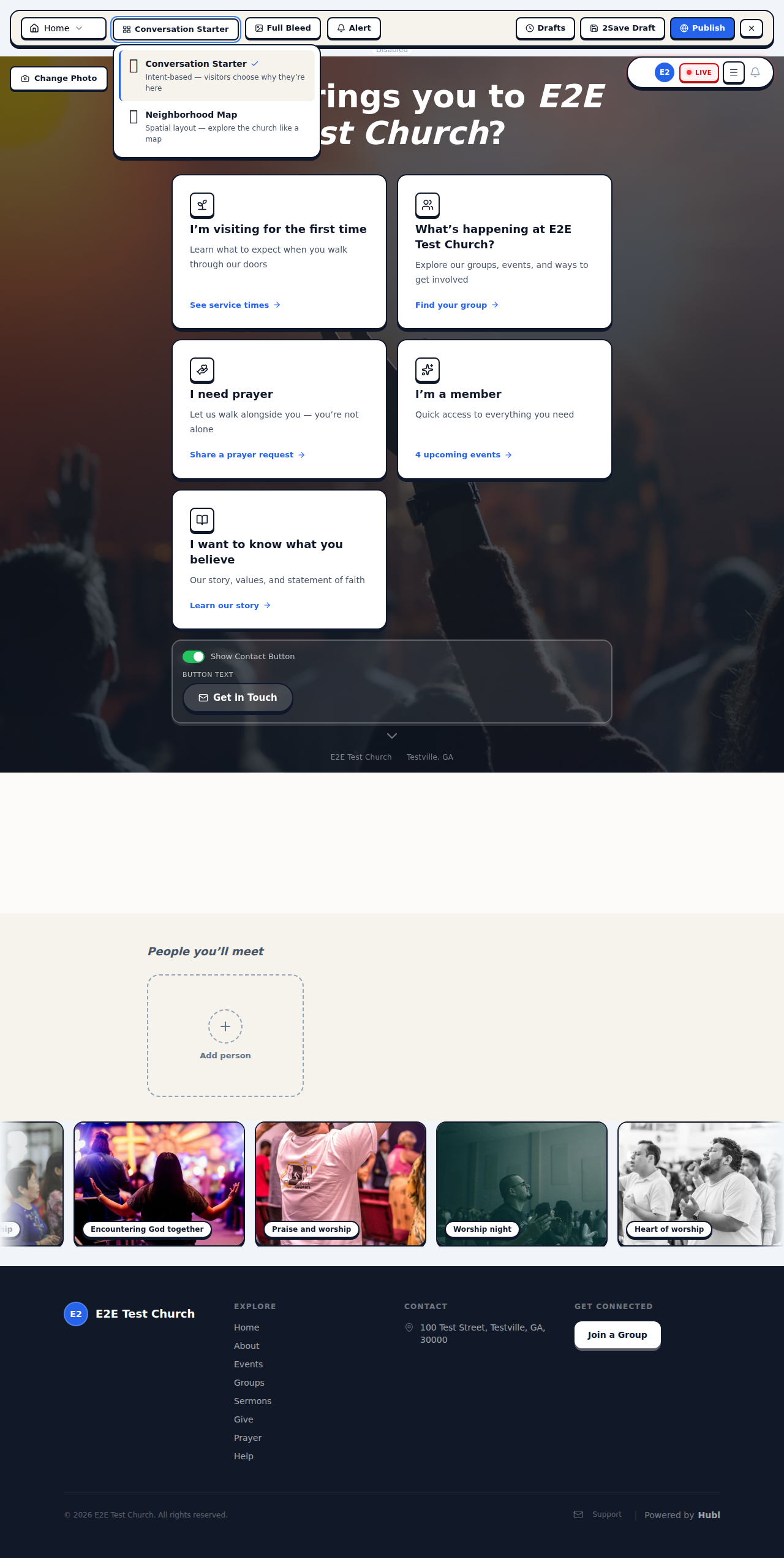 Conversation Starter design — large hero photo with quick-action cards below