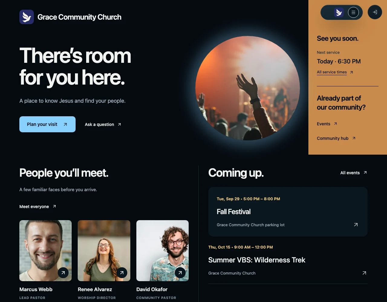 Grace Community Church's website, with its welcome and ways to get involved